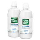 Two bottles of Opti-Free puremoist solution on a white background