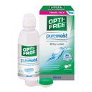 Opti-Free puremoist contact lens solution bottle and travel pack on a white background
