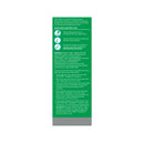 Green contact lens care solution container with text on a white background