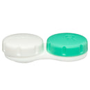 Contact lens case with a green lens on a white background