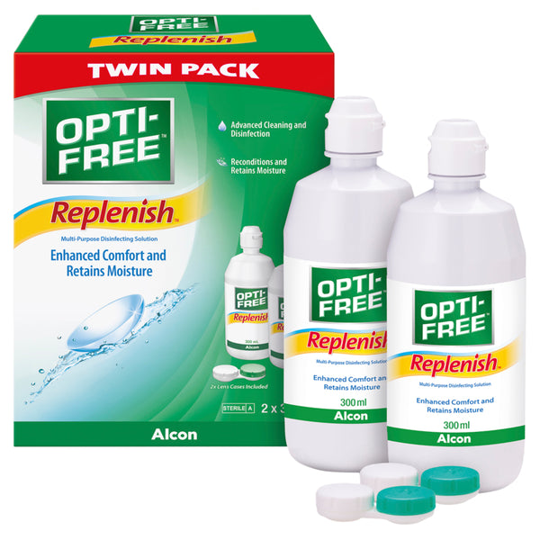 Opti-Free Replenish contact lens solution twin pack with two bottles and packaging on a white background