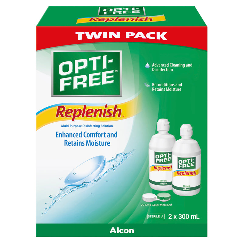 Opti-Free Replenish twin pack box on a white background
