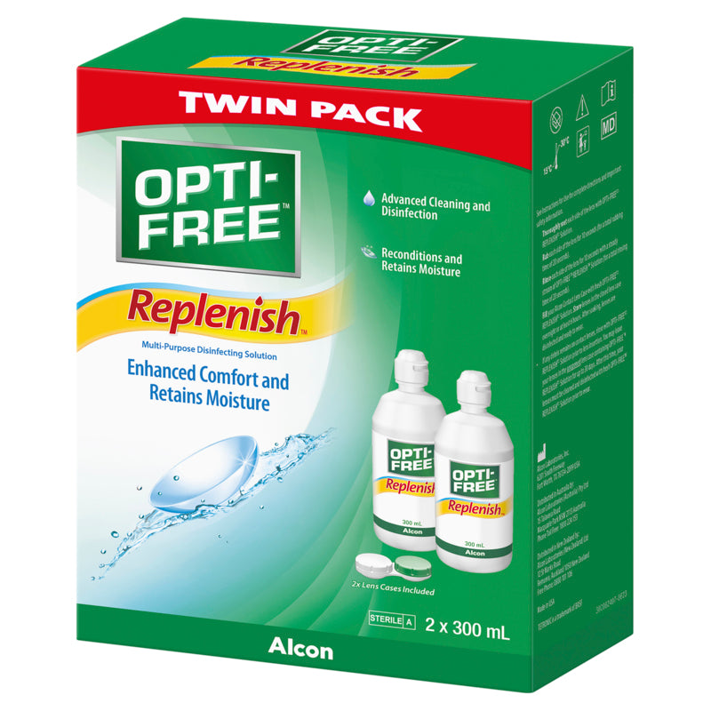 Opti-Free Replenish twin pack box on a white background