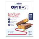 Nestlé OptiFast Berry Crunch Flavour Bar packaging, featuring two chocolate-coated protein bars with a crumbly cereal filling on a white background with blue and red text.