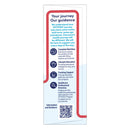 A vertical printed guidance card or brochure with a white background, red curved border accents, and blue text sections explaining OPTIFAST journey support, including icons and a QR code.