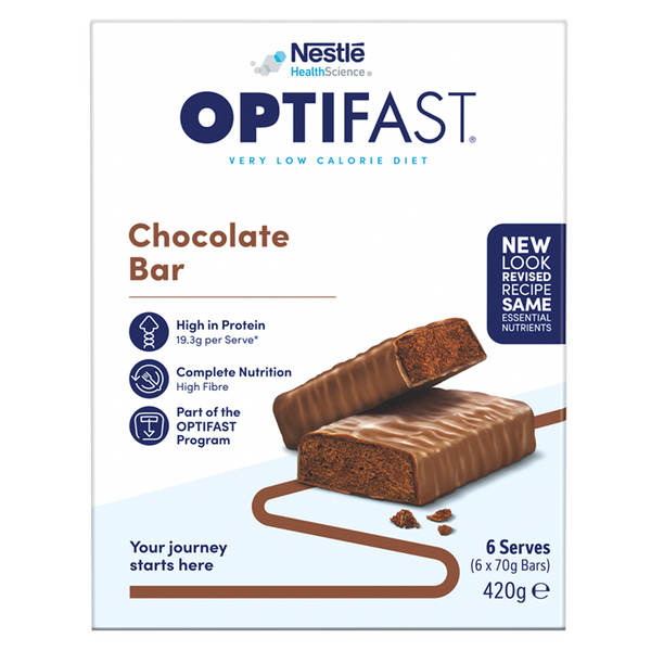 Optifast chocolate bar package with Nestle branding on a white background