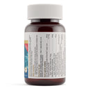 A dark amber brown plastic supplement bottle with a white ribbed cap, showing the side label of a dietary supplement on a white background.