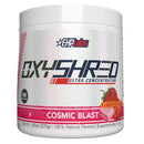 A white plastic tub of EHP Labs OXYSHRED Ultra Concentration in Cosmic Blast flavor, featuring a white label with red, pink, and blue branding and a strawberry graphic.