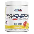 A white tub of EHLabs OXYSHRED Ultra Concentration dietary supplement powder in Mango flavor, featuring a white lid and a label with black, red, and yellow text and graphics.