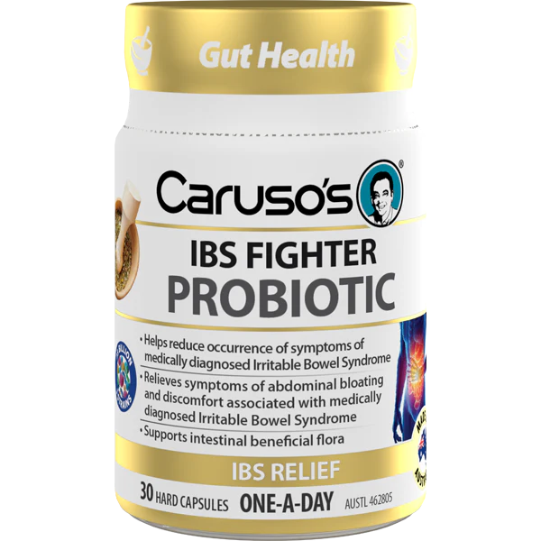 Caruso's IBS Fighter Probiotic container on a white background
