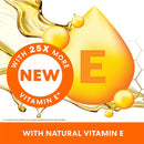 Promotional graphic for a product with 25x more new vitamin E, featuring a large vitamin E droplet and text on an orange and white background.
