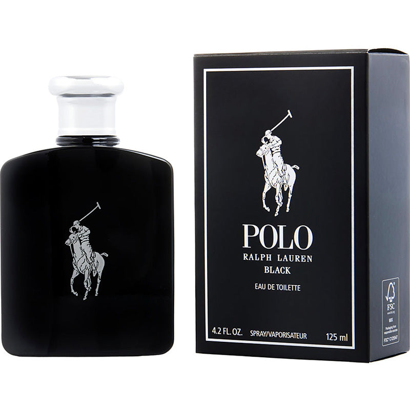 Ralph Lauren Polo Black Eau de Toilette bottle and packaging, 125ml size, with an illustration of a polo player on the label.