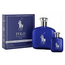 Ralph Lauren Polo Blue perfume set with two bottles and packaging on a white background