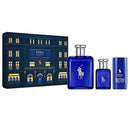 Polo Ralph Lauren perfume set with blue bottles and decorative packaging on a white background