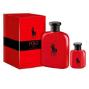 Ralph Lauren Polo Red 2-piece gift set featuring Eau de Toilette 125ml and 15ml in red glass bottles, shown with its matching box packaging on a white background