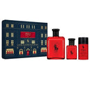 Polo Ralph Lauren perfume set with red bottles and a decorative box on a white background