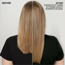 Before and after comparison of hair length with text indicating product use.
