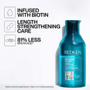 Redken extreme length shampoo bottle with text highlighting biotin infusion and length strengthening care.