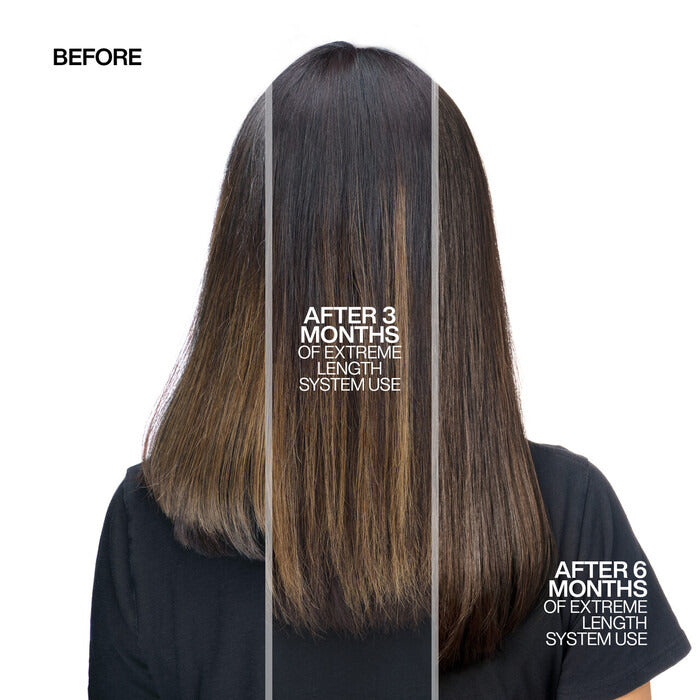 Before and after comparison of hair length with text indicating time elapsed.