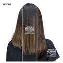 Before and after comparison of hair growth with text indicating time elapsed.