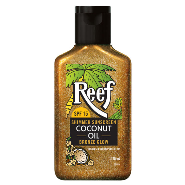 Reef Shimmer Sunscreen Coconut Oil bottle on a white background