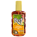 Bottle of Reef Sunscreen Coconut Oil with a yellow cap on a white background