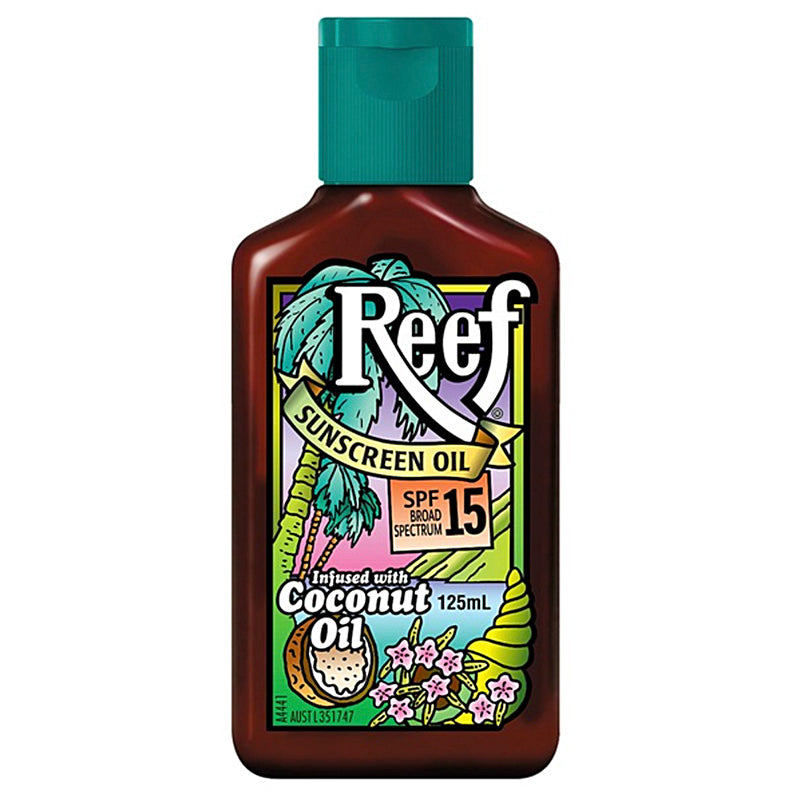 Bottle of Reef Sunscreen Oil with coconut oil label on a white background