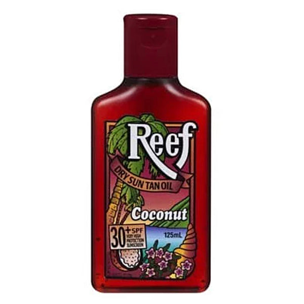 Red bottle of Reef Coconut Dry Sun Tan Oil with SPF 30 on a white background
