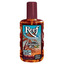 Bottle of Reef moisturizing sun tanning oil with coconut oil, on a white background
