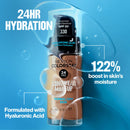 Revlon ColorStay foundation bottle with hydration benefits on a blue background