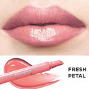 Lipstick with 'Fresh Petal' shade and close-up of lips wearing the color.
