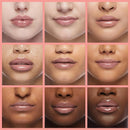 Collage of different skin tones wearing a pink lip color on a pink background