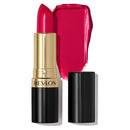 Revlon lipstick with gold cap and black body, next to a swatch of pink lipstick color on a white background.