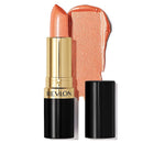Revlon lipstick with open cap and color swatch on white background