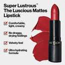 Revlon lipstick with red color swatch and product features on a white background