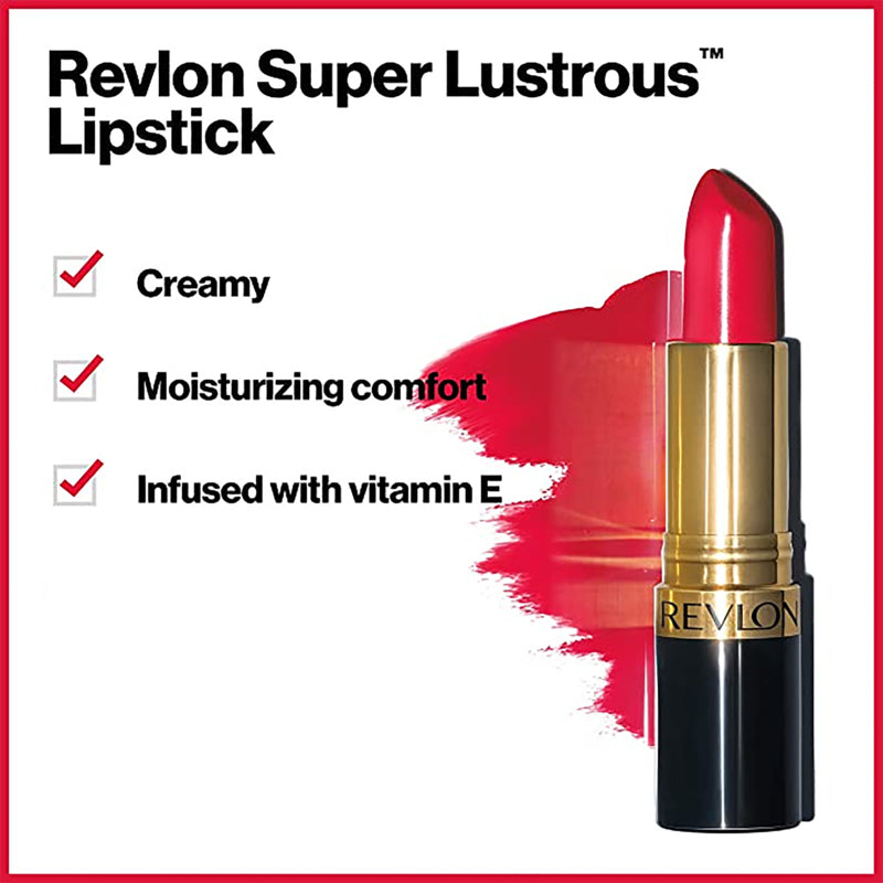 Revlon Super Lustrous lipstick with red lipstick and brand name on a white background