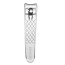 Silver nail clipper with diamond pattern on a white background, featuring the Revlon brand.