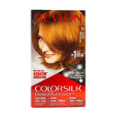 Revlon Colorsilk hair color kit packaging with a woman's face and brown hair on a white background