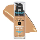 Revlon ColorStay foundation bottle with beige color swatch on a white background