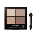Revlon eyeshadow palette with four shades and a brush on a white background