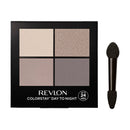 Revlon eyeshadow palette with four colors and a brush on a white background