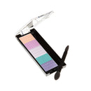 Makeup palette with pastel colors and a brush on a white background