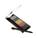 Makeup palette with eyeshadows and a brush on a white background