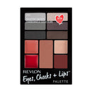 Revlon Eyes, Cheeks & Lips palette with color swatches on a white background