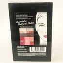 Makeup palette packaging with a face illustration and color swatches on a white background