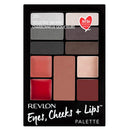 Revlon makeup palette with various shades for eyes, cheeks, and lips on a white background.