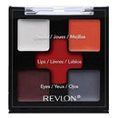 Revlon makeup palette with various shades for eyes, cheeks, and lips on a white background.