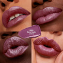 Collage of a purple lipstick shade on lips with close-up details.