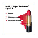 Revlon Super Lustrous lipstick with features listed on a white background