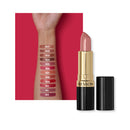 Revlon lipstick with color swatches on a red background